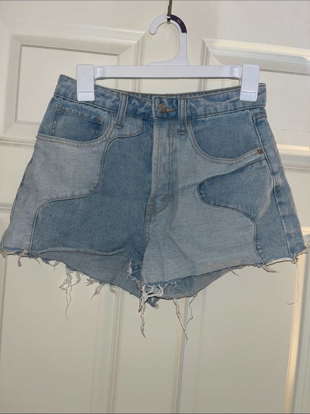 High-Rise Two-Tone Light Blue Denim Shorts